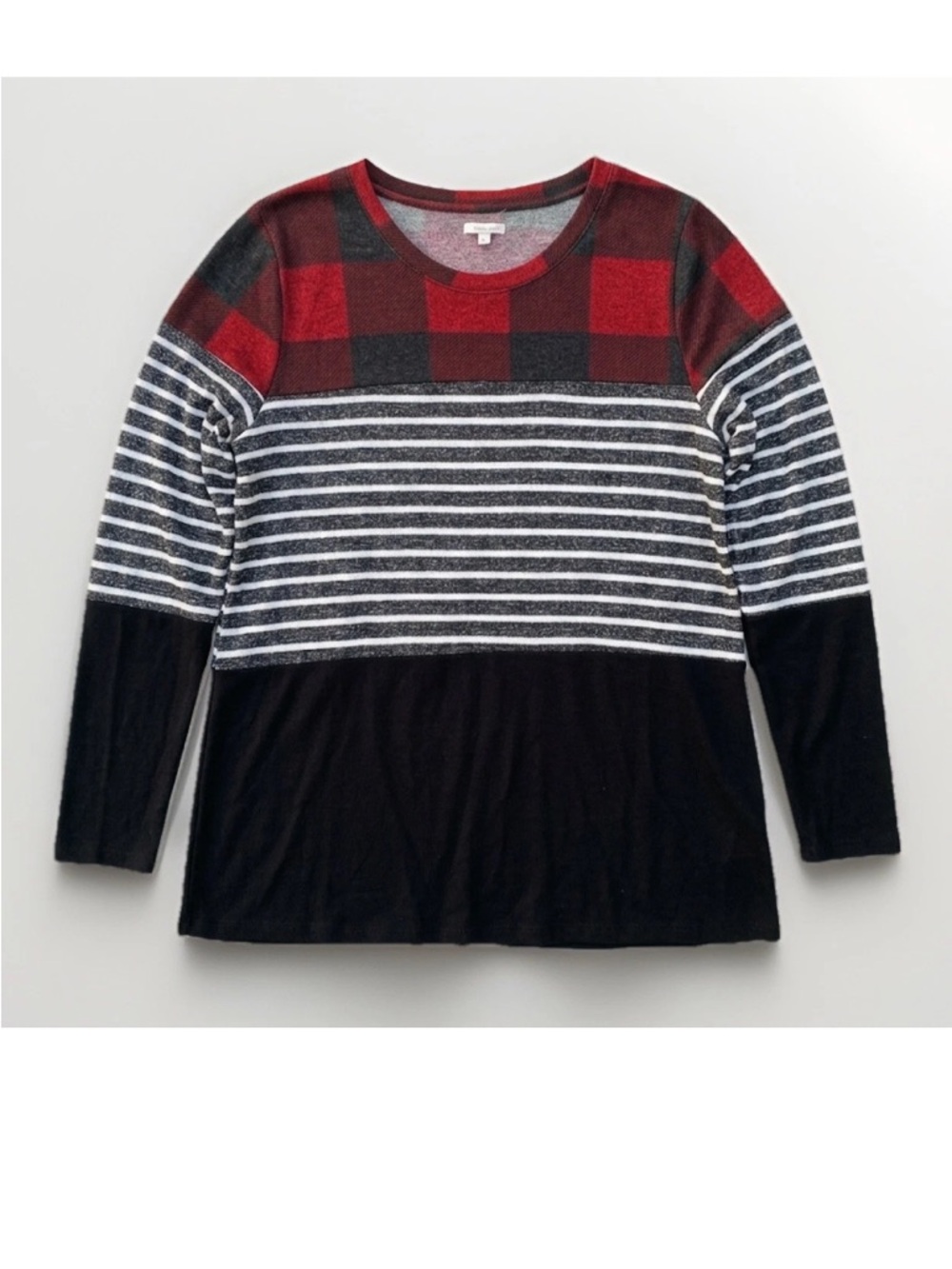 Maurices 1X Colorblock Sweater- Buffalo Plaid, Black & White Stripes, Solid Hem